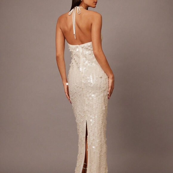 White Sequin Spaghetti Strap Women's Cocktail Dress - Picture 2 of 7